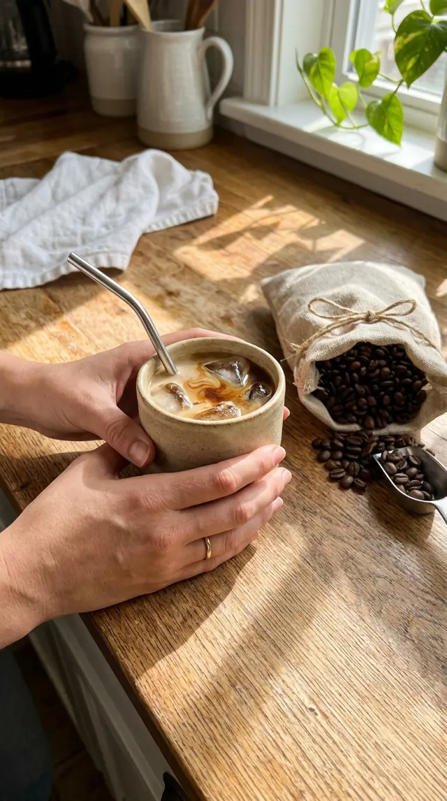 Hands holding an iced oat latte above a wooden counter