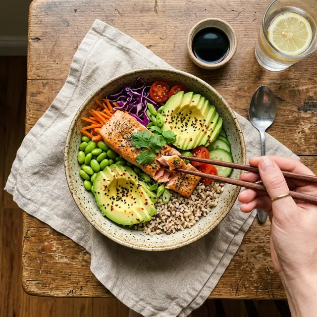 Overhead shot of a colorful salmon and avocado grain bowl