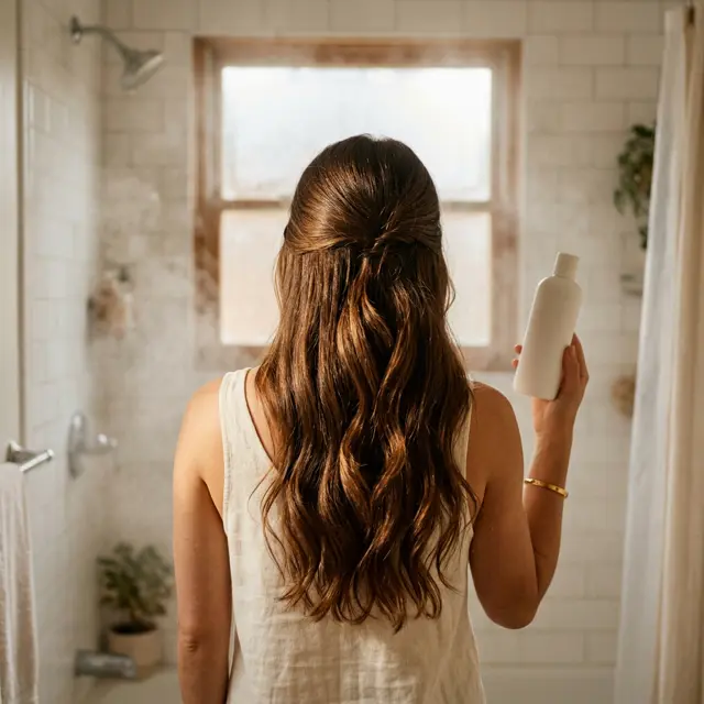 Woman with glossy brown hair holding a white shampoo bottle