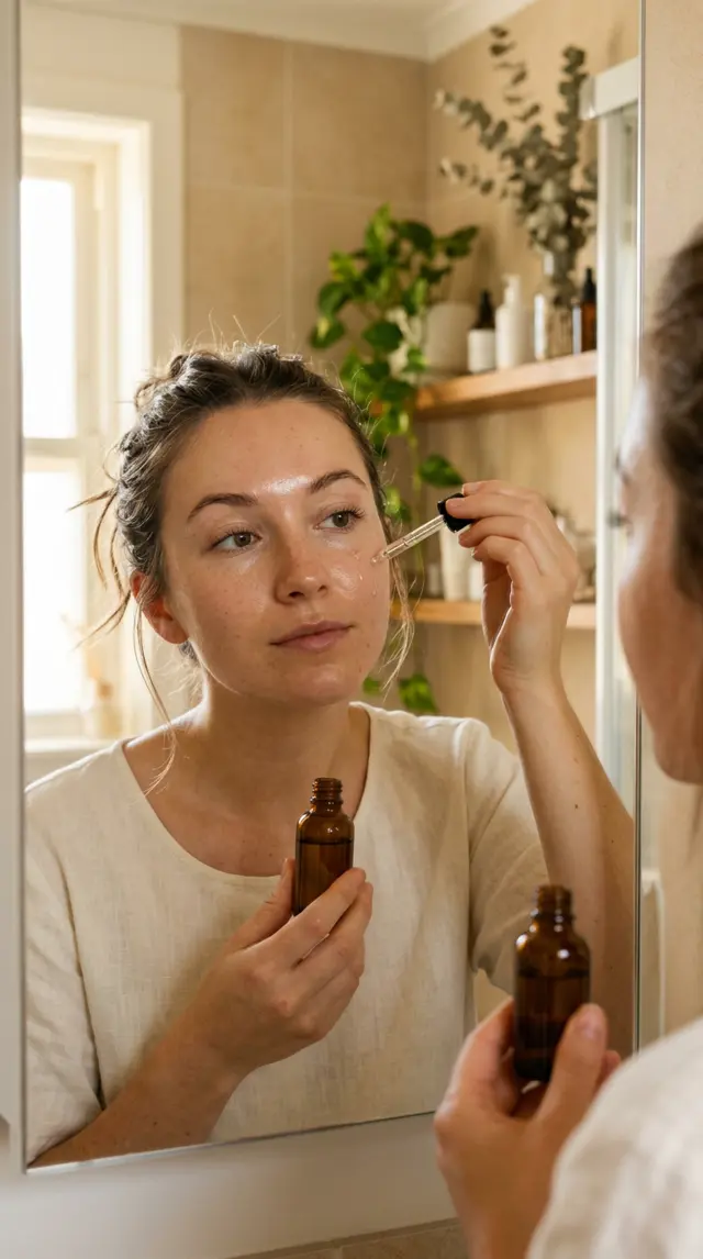 Creator applying a serum dropper to her cheek in a bathroom mirror