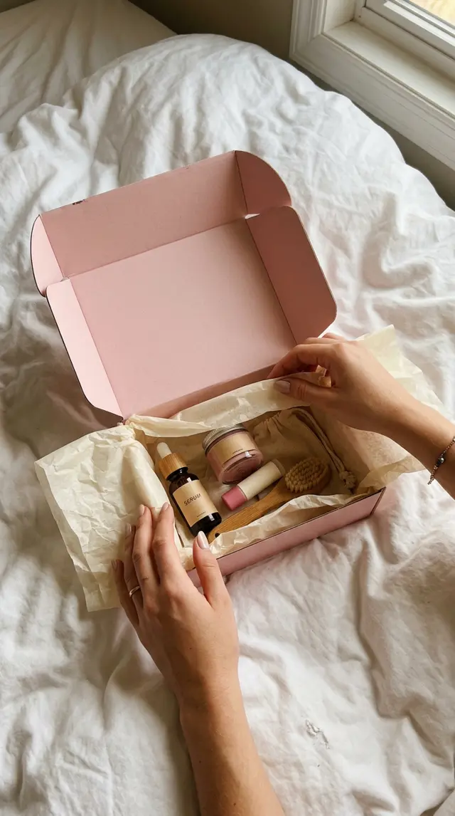 Hands unboxing a pastel pink beauty subscription box